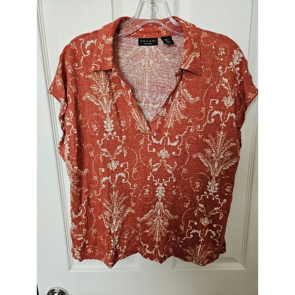 Tahari Tops - Tahari Women's Orange 100% Linen Stretch Sleeveless Collared V-Neck Top, XL